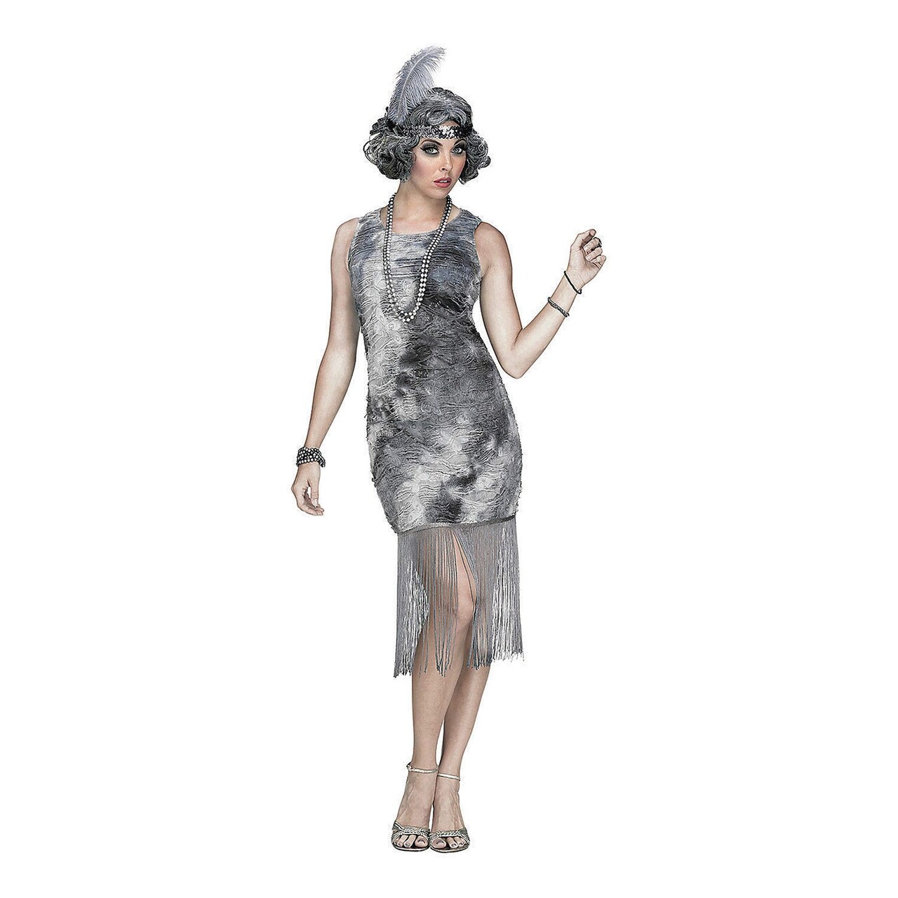 Womens Ghostly Flapper Costume Fringe Dress with Headband Halloween Outfit